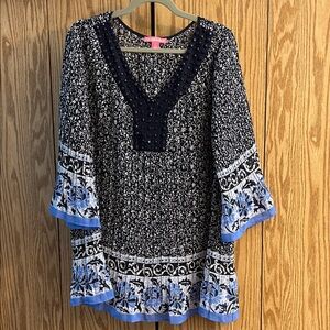 Woman Within Sheer Black and Blue Tunic